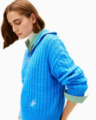 Close-up of cable knit texture and zip collar