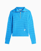 Front view of Tommy Hilfiger cable knit half-zip sweater in cream