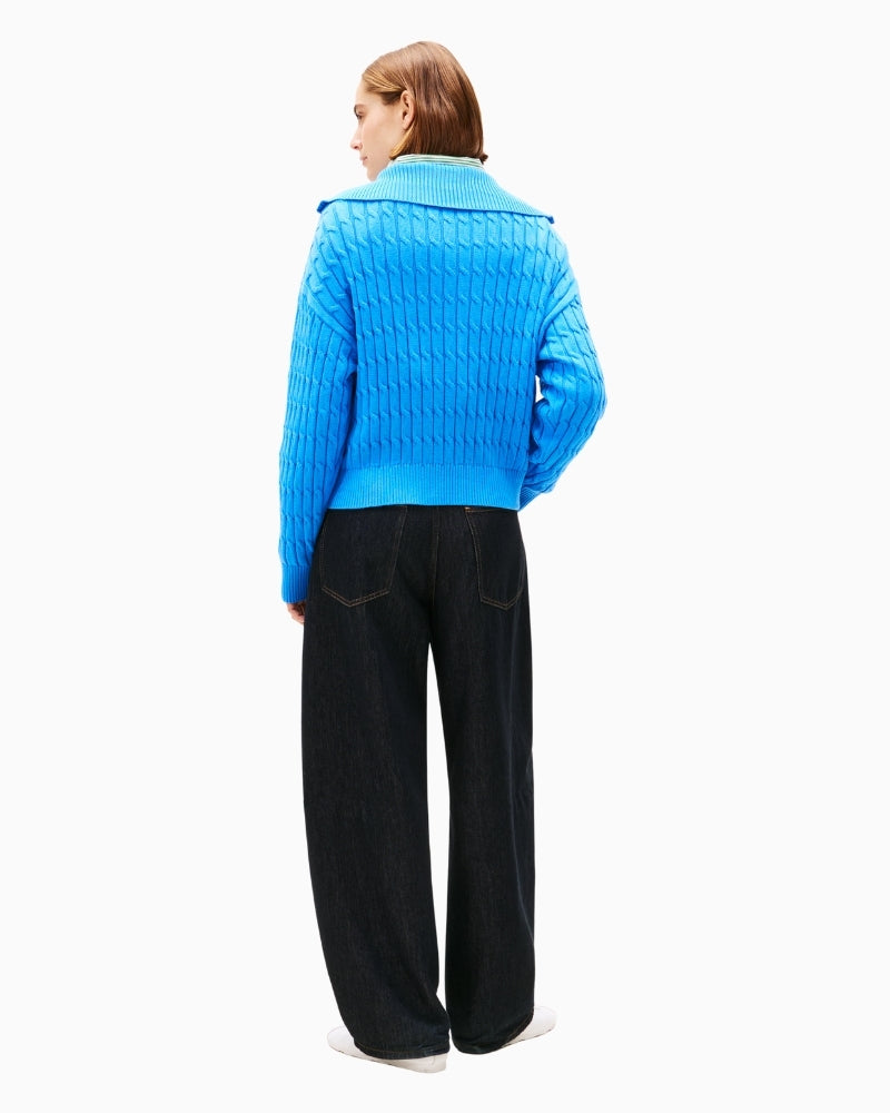 Back view of organic cotton sweater with high collar