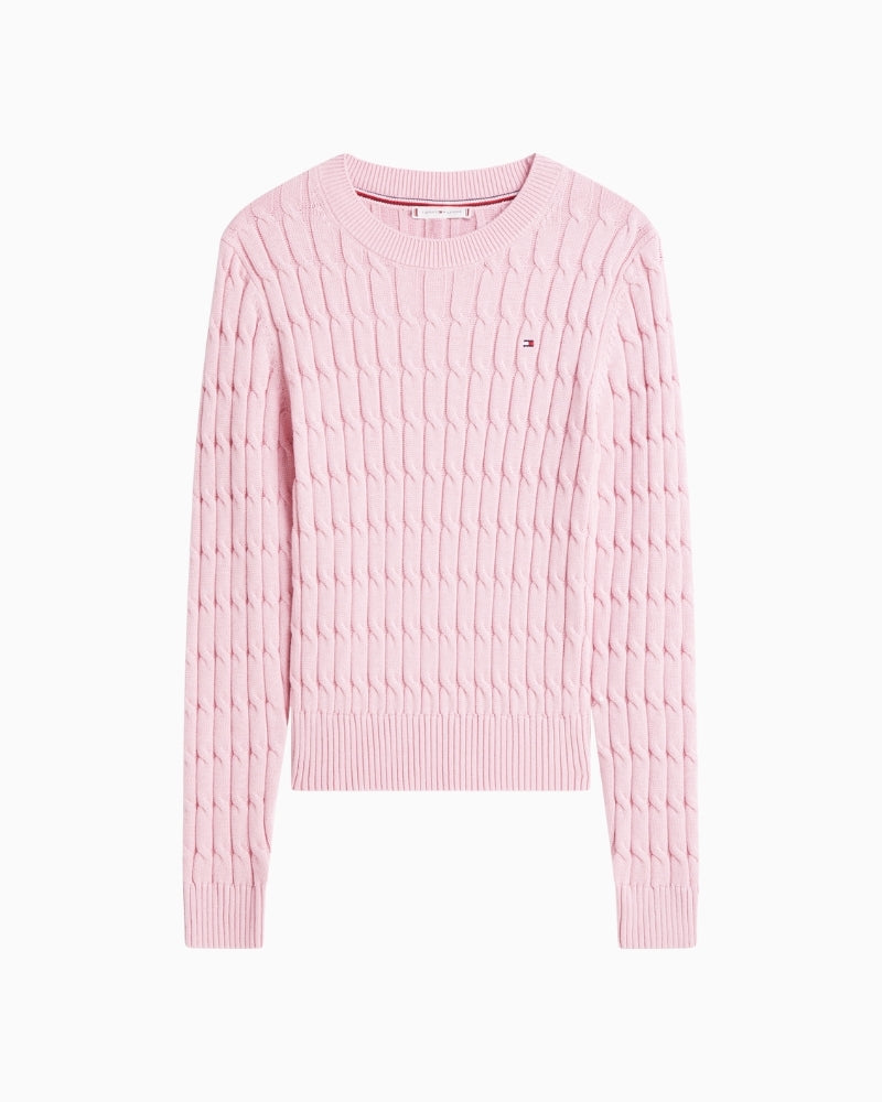 Front view of Tommy Hilfiger baby pink cable knit jumper