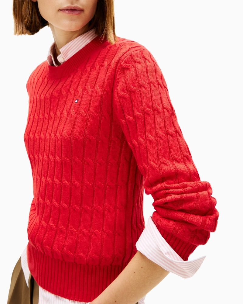 Close-up of mid-gauge cable knit texture in combed cotton