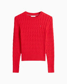 Front view of red Tommy Hilfiger cable knit jumper with crew neck
