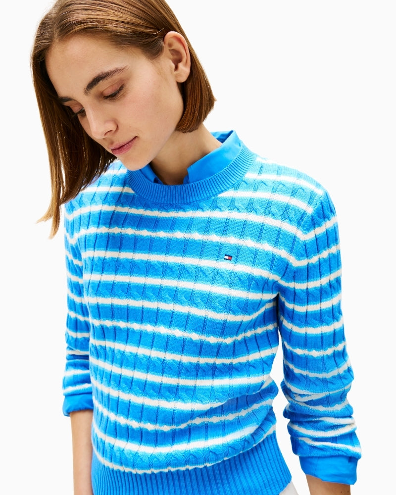 Close-up of crew neck with ribbed trim and Tommy signature tape