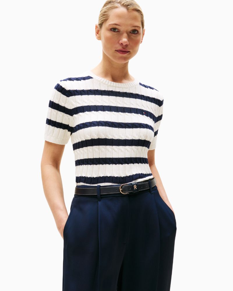 Tommy Hilfiger cable knit short sleeve sweater in soft cotton with crew neck
