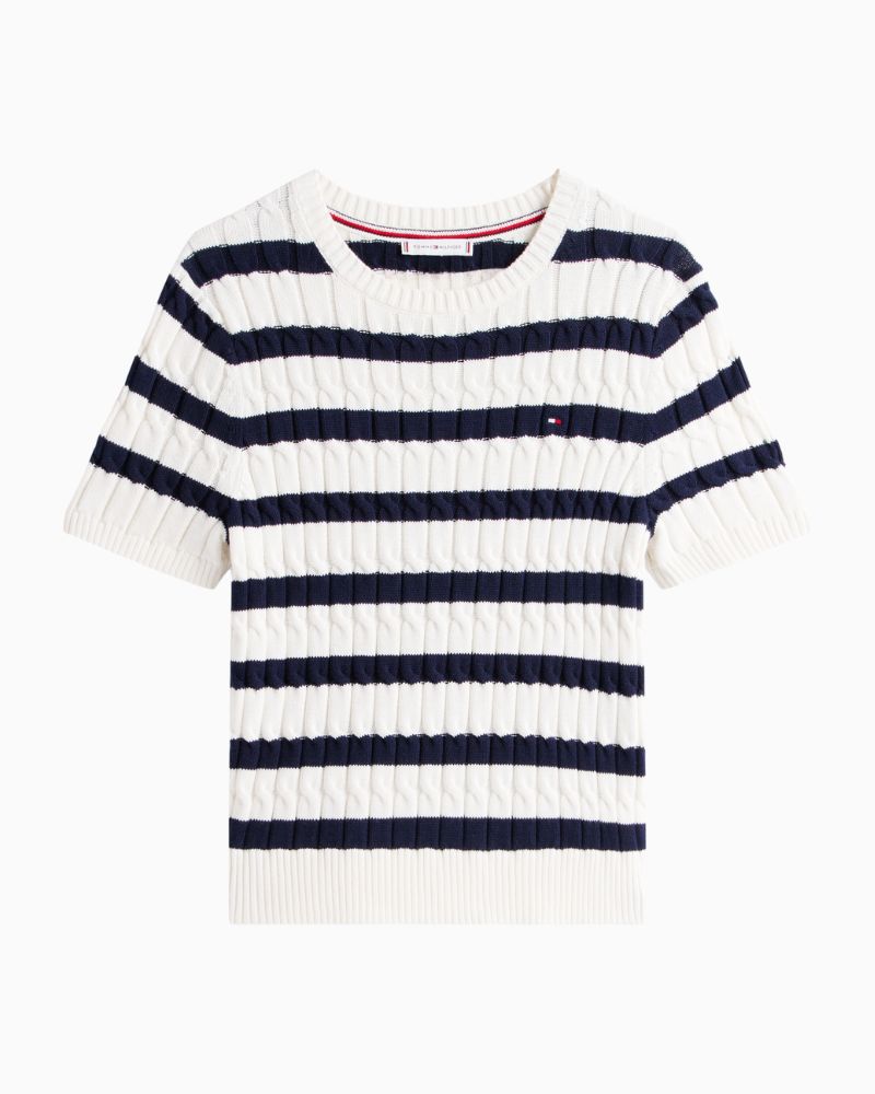 Tommy Hilfiger cable knit short sleeve sweater in soft cotton with crew neck