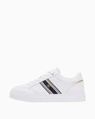 White Tommy Hilfiger leather trainer side view showing webbing stripe – Áines Boutique