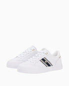White Tommy Hilfiger leather trainer side view showing webbing stripe – Áines Boutique