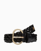 Front view of black woven leather belt by Tommy Hilfiger