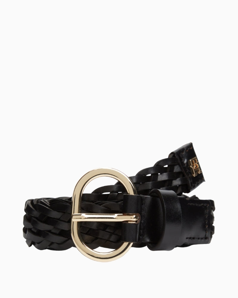 Front view of black woven leather belt by Tommy Hilfiger