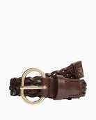 Front view of brown woven leather belt by Tommy Hilfiger