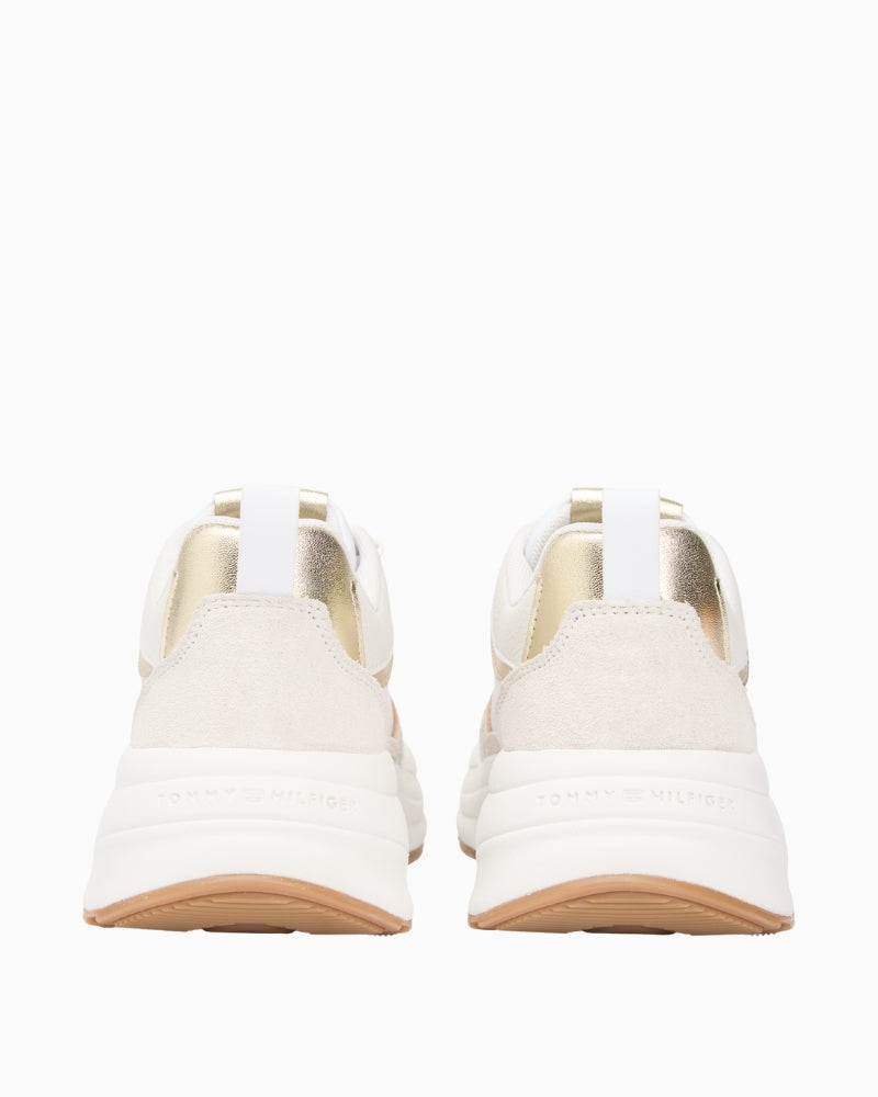 Back view of white leather runners with metallic heel detail