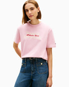 Front view of pink cotton crew neck tee by Tommy Hilfiger