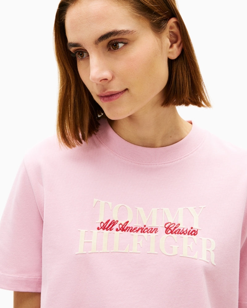 Close-up of crew neckline and soft cotton texture