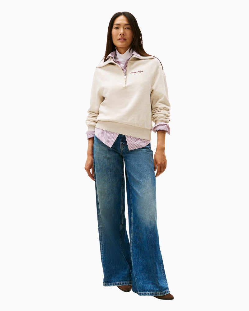 Front view of beige cotton-blend half-zip sweatshirt