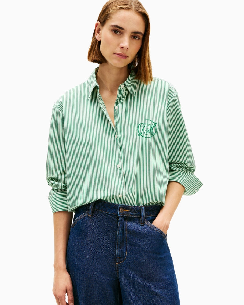 Front view of green cotton long sleeve shirt by Tommy Hilfiger
