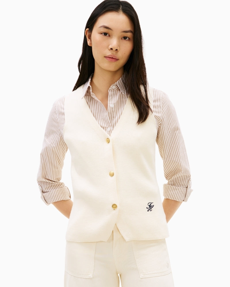 Woman wearing Tommy Hilfiger cotton slim knit vest cream front view – Áines Boutique