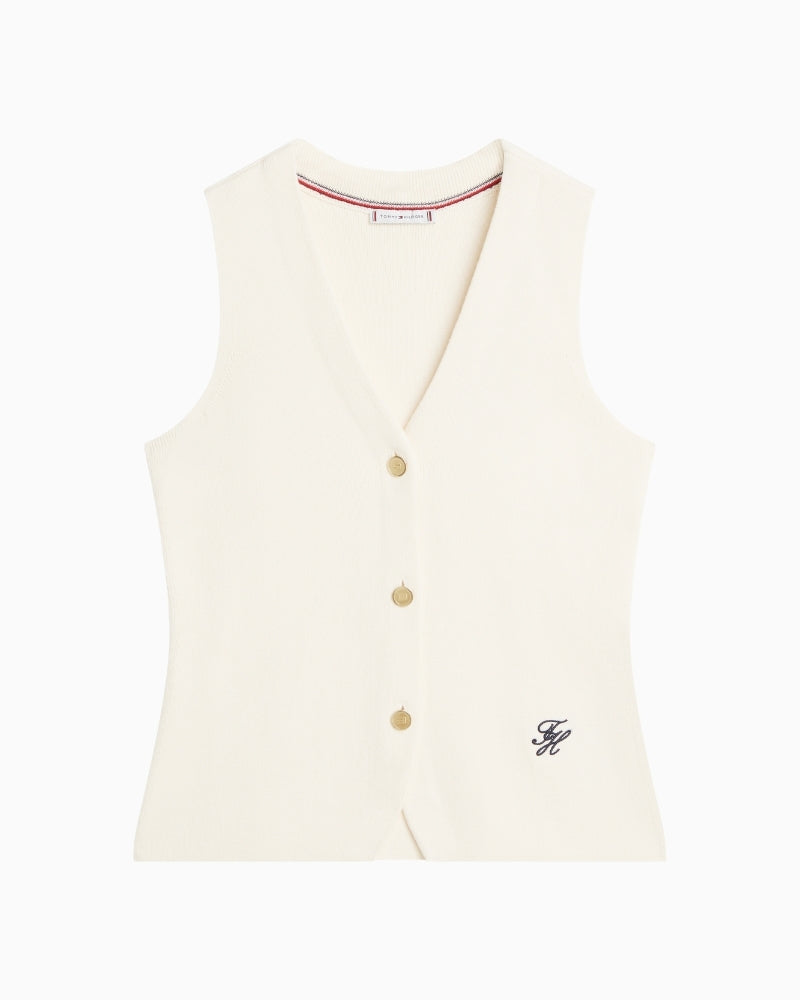 Tommy Hilfiger cotton slim knit vest cream flat view – Áines Boutique