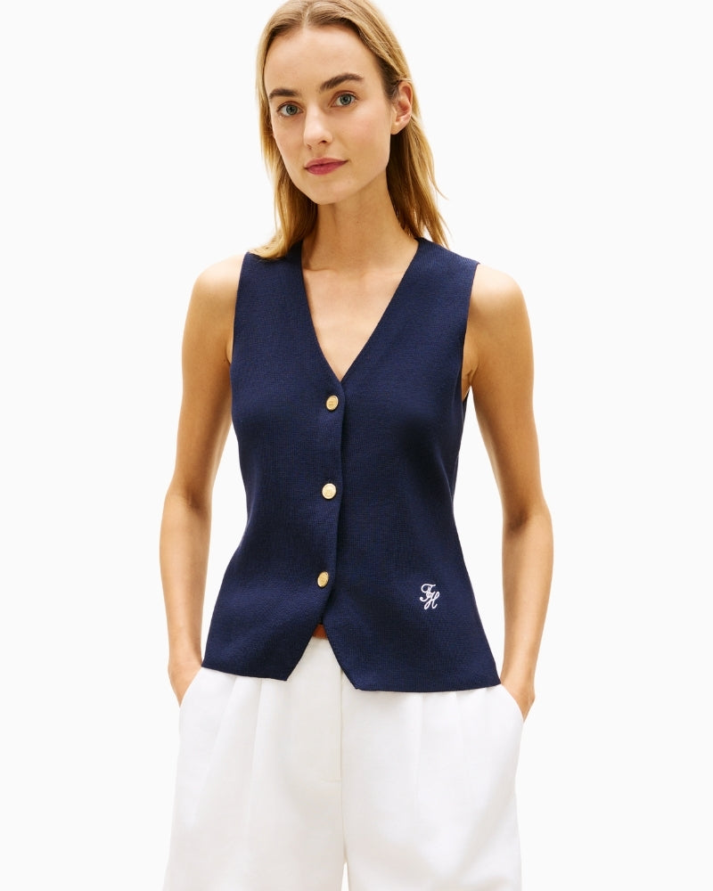 Woman wearing Tommy Hilfiger cotton slim knit vest navy front view – Áines Boutique