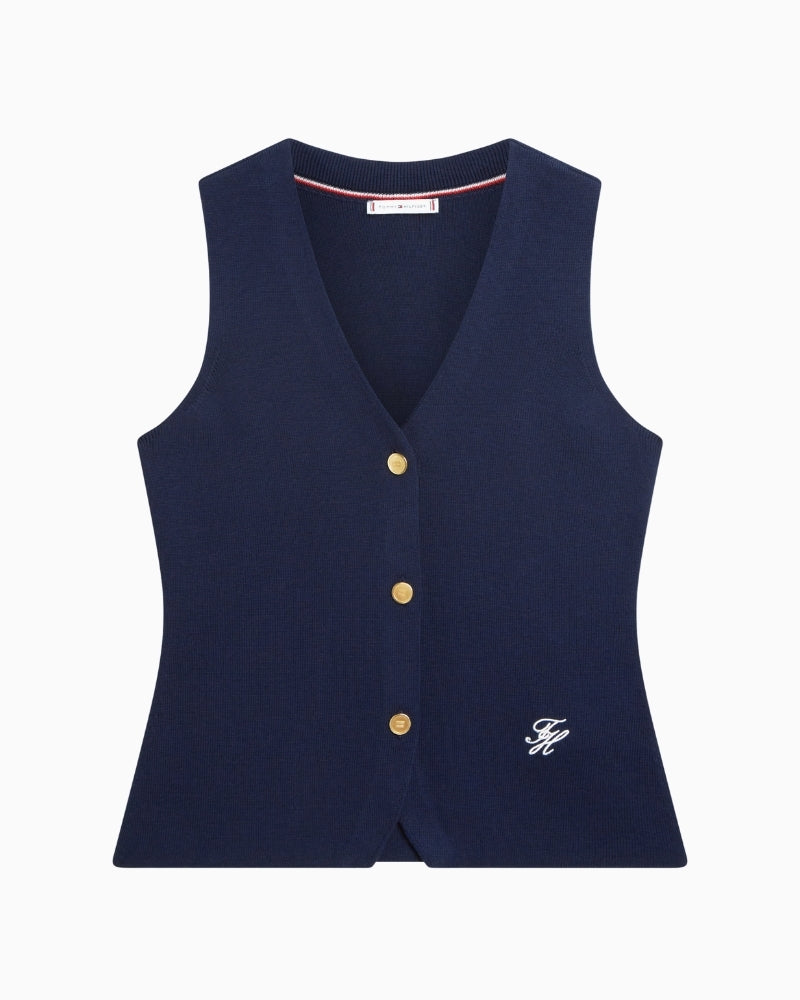 Tommy Hilfiger cotton slim knit vest navy flat view – Áines Boutique