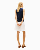 Woman wearing Tommy Hilfiger cotton slim knit vest navy back view – Áines Boutique
