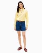 Woman wearing blue Tommy Hilfiger Emi straight denim shorts front view – Áines Boutique