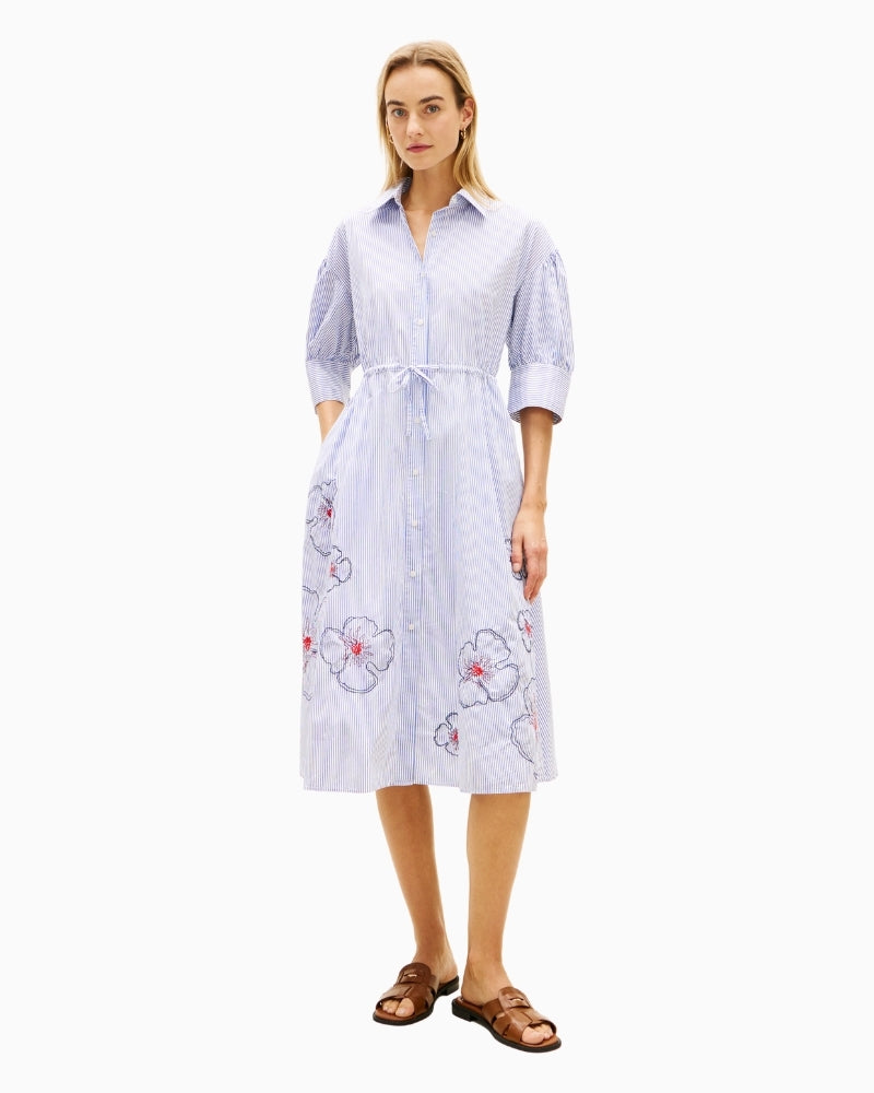 Woman wearing Tommy Hilfiger embroidered poplin shirt dress front view – Áines Boutique