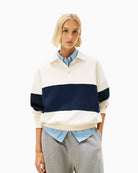 Front view of Tommy Hilfiger off white rugby fleece sweater