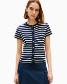 Woman wearing navy and white striped Tommy Hilfiger gold button slim T-shirt front view – Áines Boutique