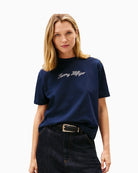 Front view of Tommy Hilfiger relaxed-fit t-shirt with gold shoulder buttons