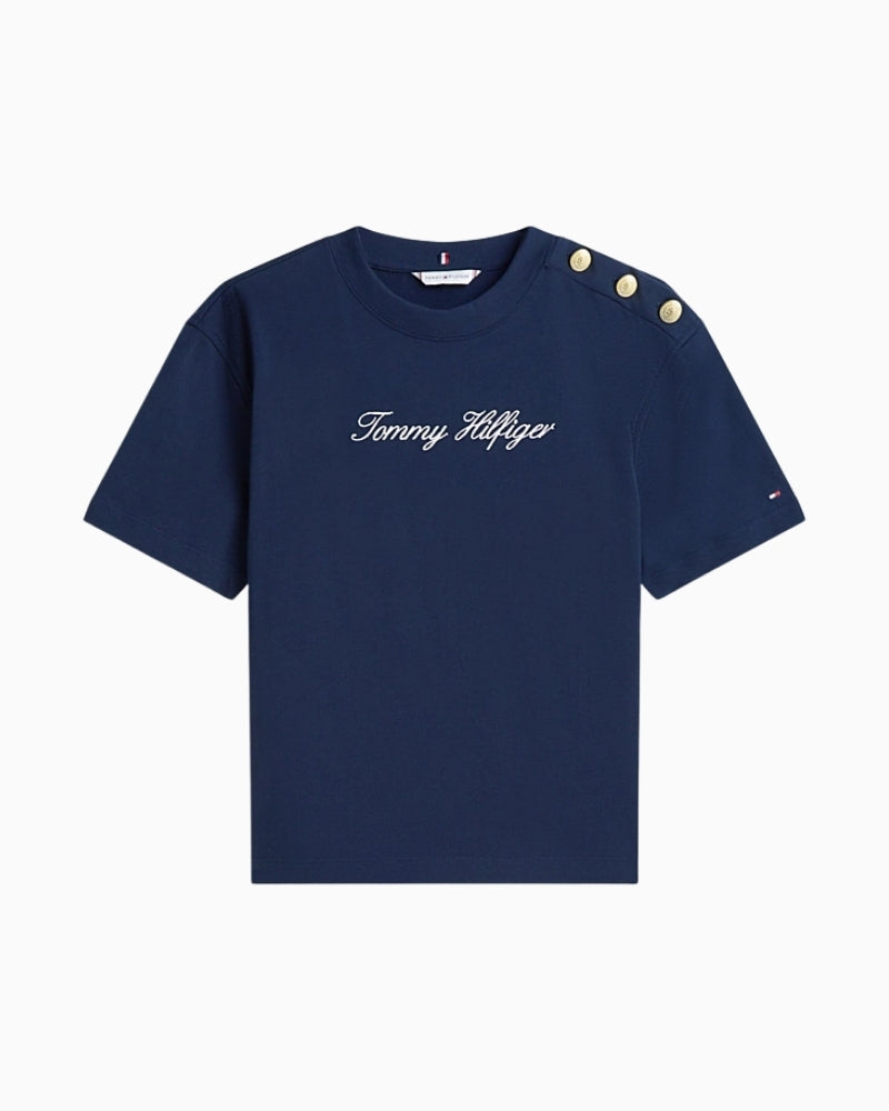 Front view of Tommy Hilfiger relaxed-fit t-shirt with gold shoulder buttons