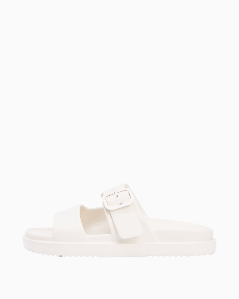Cream Tommy Hilfiger flat sandal side view showing double strap design – Áines Boutique