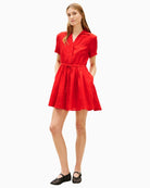 Woman wearing red Tommy Hilfiger linen short dress full length view – Áines Boutique