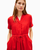 Front view of red Tommy Hilfiger linen shirt dress – Áines Boutique