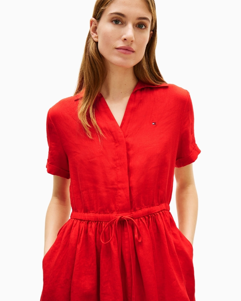Front view of red Tommy Hilfiger linen shirt dress – Áines Boutique