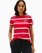 Front view of Tommy Hilfiger red crew neck t-shirt with logo embroidery