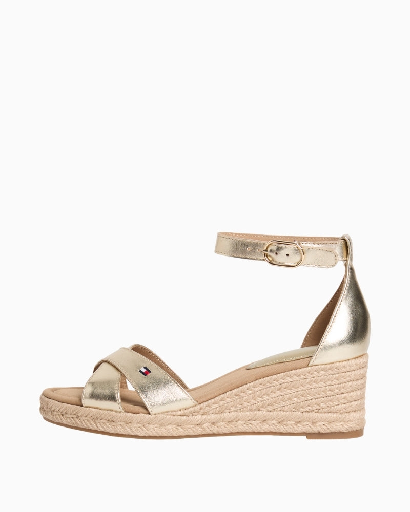 Gold Tommy Hilfiger espadrille sandal side view showing wedge sole – Áines Boutique
