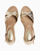 Gold Tommy Hilfiger wedge sandal front view with crossed straps – Áines Boutique