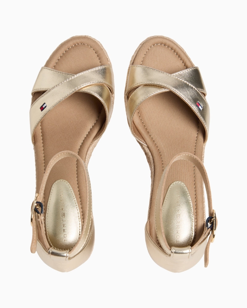 Gold Tommy Hilfiger wedge sandal front view with crossed straps – Áines Boutique