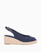 Navy Tommy Hilfiger mid wedge espadrille slingback angled view on white background – Áines Boutique