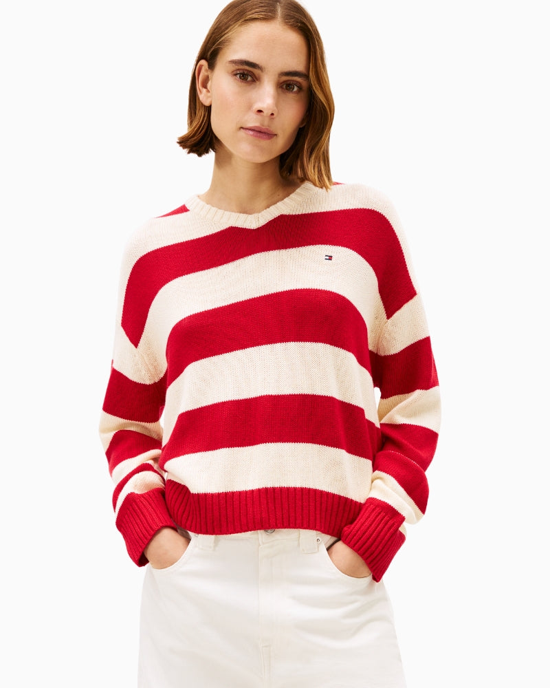 Front view of red V-neck cotton cashmere jumper by Tommy Hilfiger
