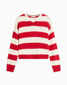 Detail of Tommy Hilfiger logo and V-neckline