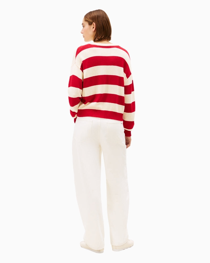 Back view of red relaxed knit with ribbed hem and cuffs