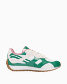 Side view of pink and green leather Tommy Hilfiger trainers