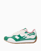 Side view of pink and green leather Tommy Hilfiger trainers