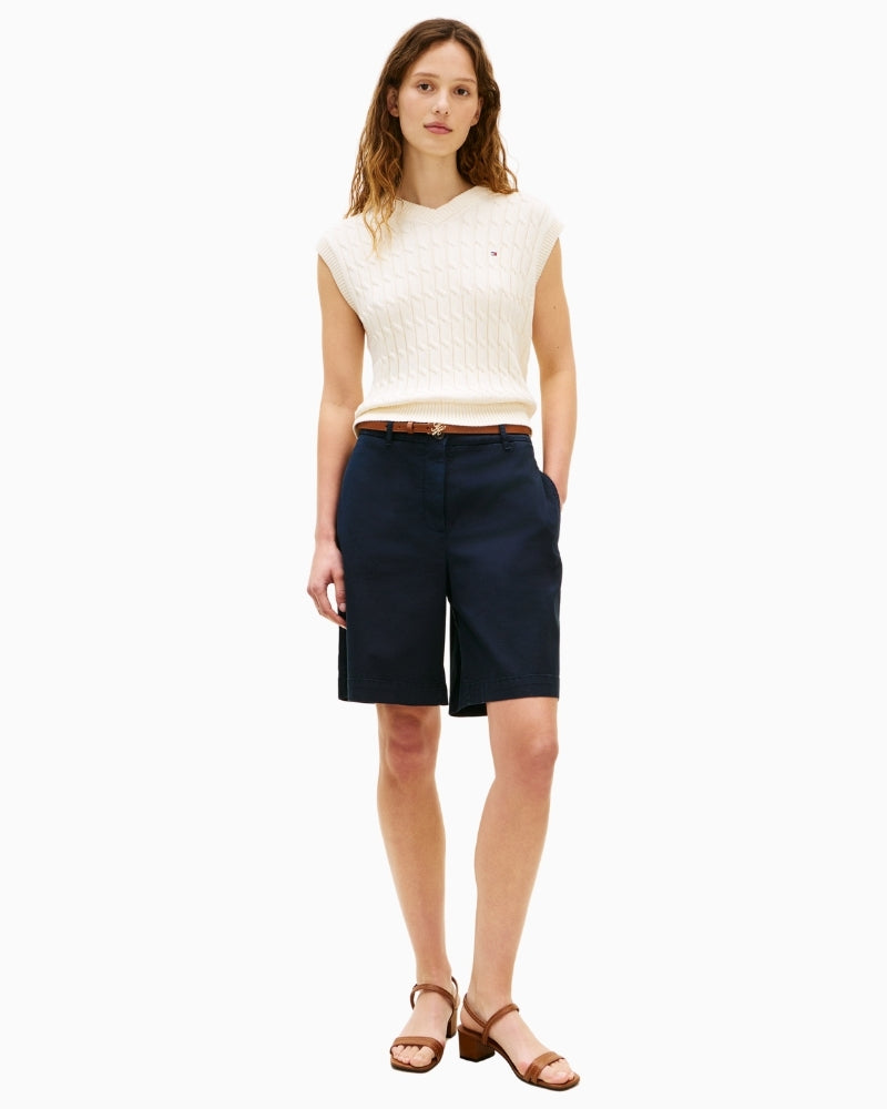 Woman wearing Tommy Hilfiger navy chino shorts front view – Áines Boutique