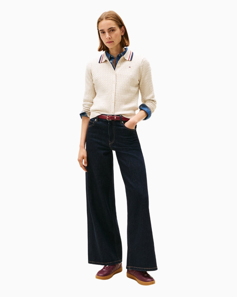 Front view of women’s beige cotton blend cardigan with collar