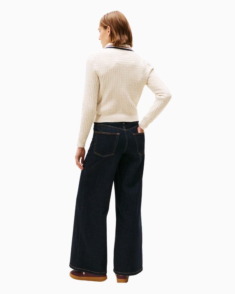 Back view of hip-length beige polo-neck cardigan by Tommy Hilfiger