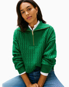 Close-up of ribbed half-zip collar and cable knit texture