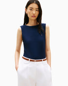 Woman wearing Tommy Hilfiger rib slim boat-neck tank navy front view – Áines Boutique