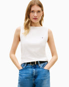 Woman wearing Tommy Hilfiger rib slim boat-neck tank front view – Áines Boutique